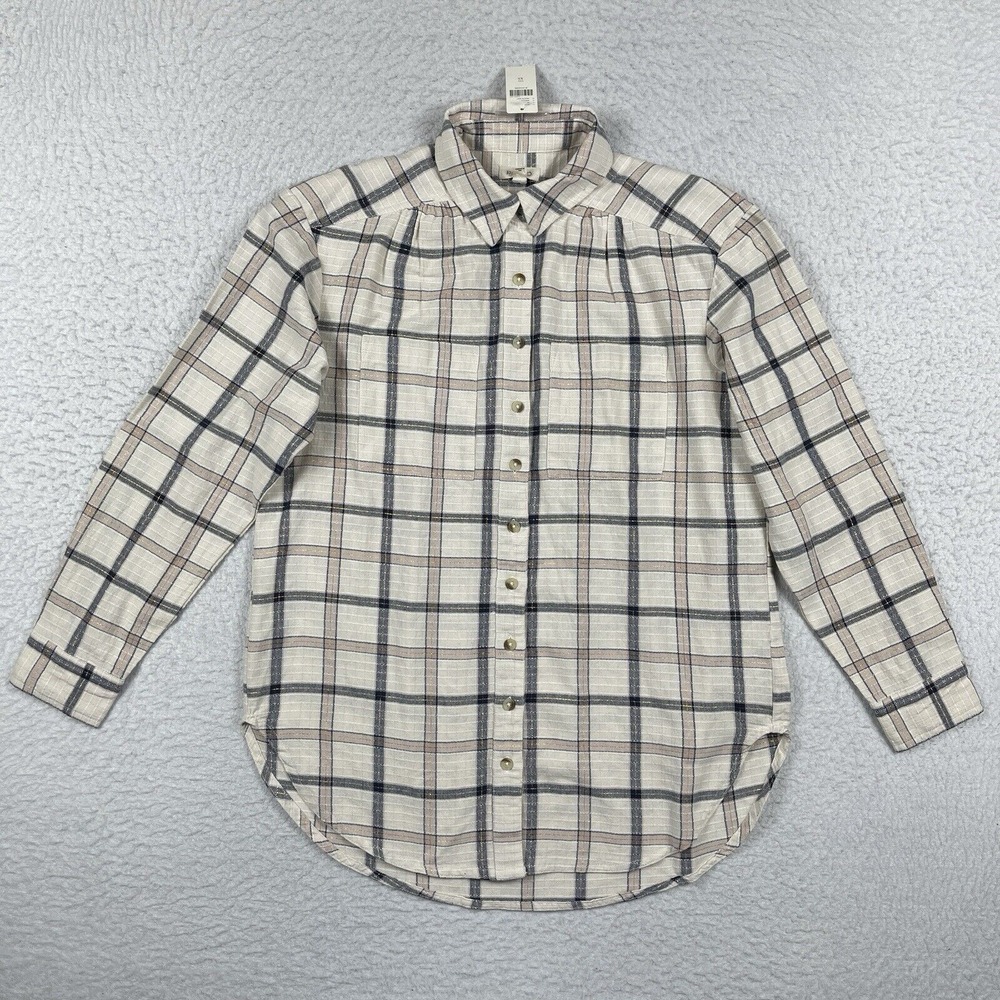 Pilcro Anthropologie Shirt Womens XS Beige Neutral Plaid Preppy Workwear Top New
